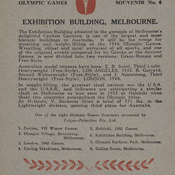 Card - Olympic Games Souvenir No. 6, Exhibition Building, Colgate Palmolive, Melbourne, circa 1956 (Reverse)