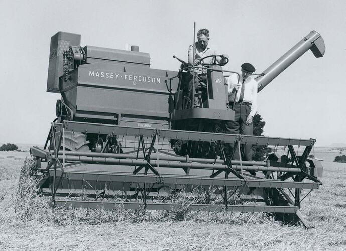 Front view of an auto header harvester in a field of down tangled crop.