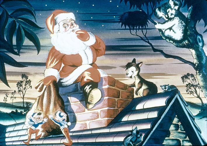 Santa Claus climbing down chimney, circa 1950s. Cartoon slide.