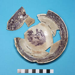 Small Bowl - Whiteware, Purple, Transfer-printed, Scenic pattern,1828- (Fragment, Flawed)