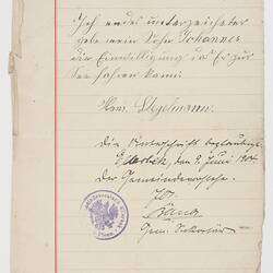Document - Hans Stegelman, Authorisation for J Stegelman to sail to Sea, Ellerbek, Germany, Jun 1904
