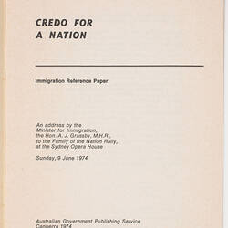 Booklet - 'Credo for a Nation', 1974