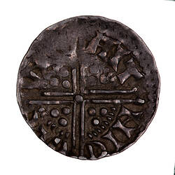 Coin, round, long cross voided which breaks through a beaded circle, a quatrefoil in each angle.