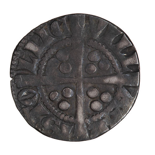 Coin, round, long cross with three beads in the angles; around outside a circle of beads, VILL ABR ISTO LLIE.