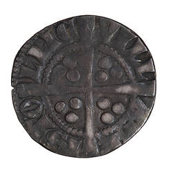 Coin, round, long cross with three beads in the angles; around outside a circle of beads, VILL ABR ISTO LLIE.