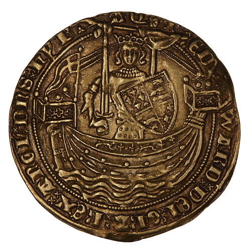 Coin, round, The King, crowned, wearing armour and holding a sword and a quartered shield.