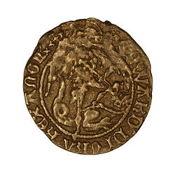 Coin, round, male standing facing with one foot on a dragon which he is spearing in the mouth; text around.