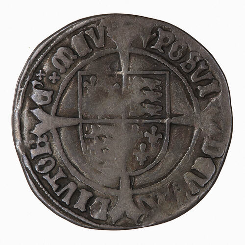 Coin, round, shield quartered with arms of England and France over a long cross.