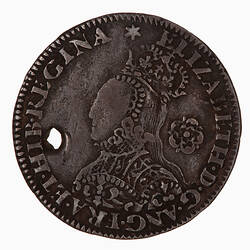 Coin, round, Crowned bust of the Queen, wearing ruff and embroidered dress facing left; behind, rose; text aro