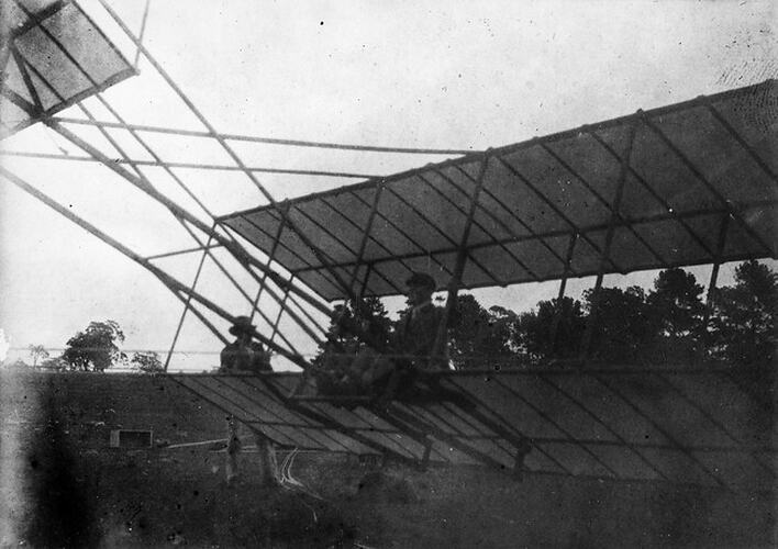 Negative - John Duigan Flying his Tethered Wright Bros Type Glider, Spring Plains, Mia Mia, Victoria, 1909