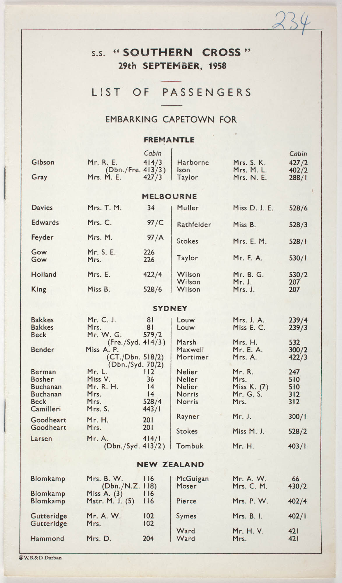 Passenger List List Of Passengers Ss Southern Cross Shaw Savill Line 29 Sep 1958