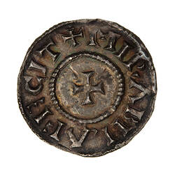 Coin, round, small cross pattee at the centre within a circle of beads; text around, +MIRABILA FECIT.