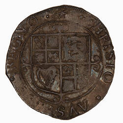 Coin, round, shield quartered with the arms of England, France, Scotland and Ireland.