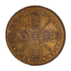 Coin, round, four crowned shields bearing the arms of England, Scotland, France and Ireland; text around.