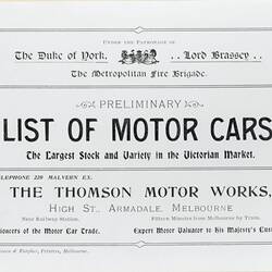 Catalogue - The Thomson Motor Works, 'List of Motor Cars', Armadale, Victoria, circa 1903