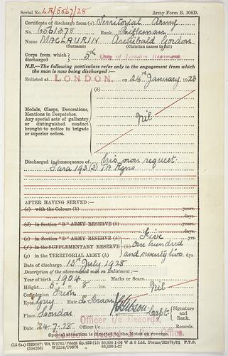 Certificate - Discharge, Archibald Gordon Maclaurin, 13 July 1928