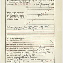Certificate - Discharge, Issued to Archibald Gordon Maclaurin, British Territorial Army, 13 Jul 1928