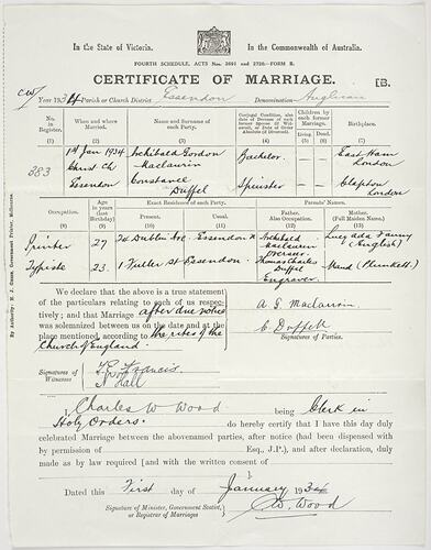 Marriage Certificate - Archibald Gordon Maclaurin and Constance Duffel, 1st January 1934