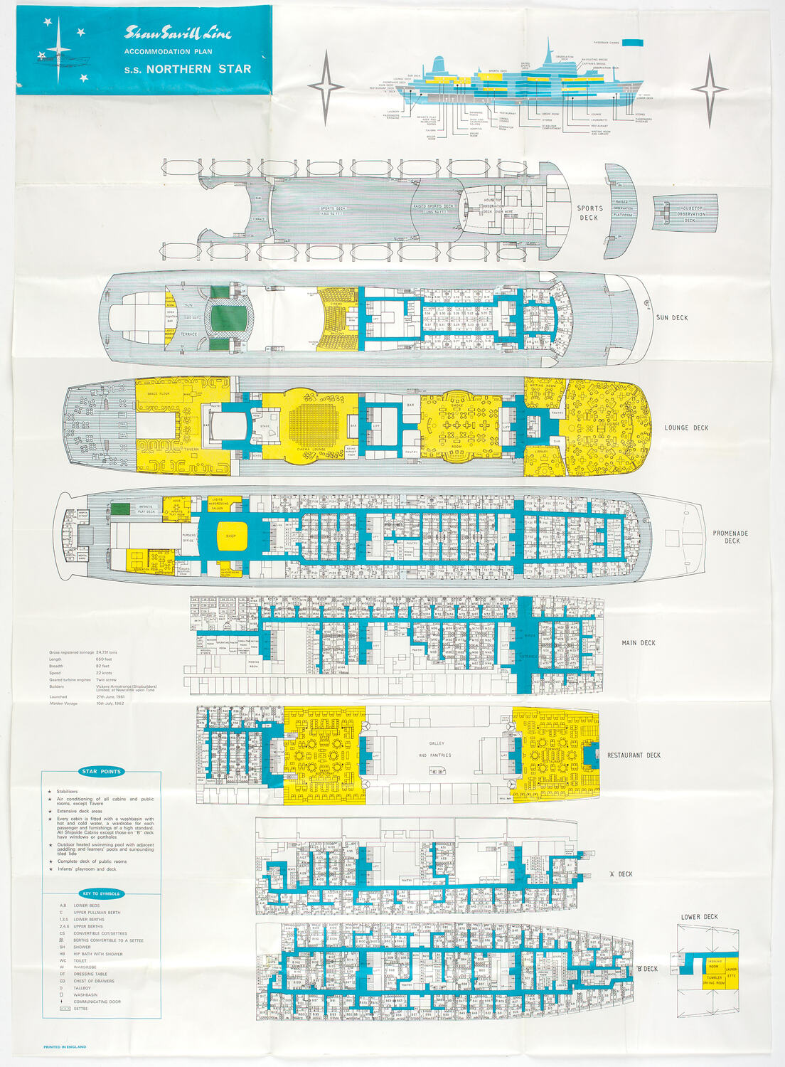 Accommodation Plan - Shaw Savill Line, SS Northern Star, circa 1962