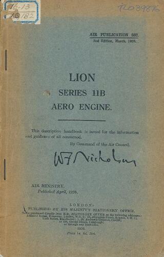 Faded green Napier Lion IIB Engine manual, 1926.