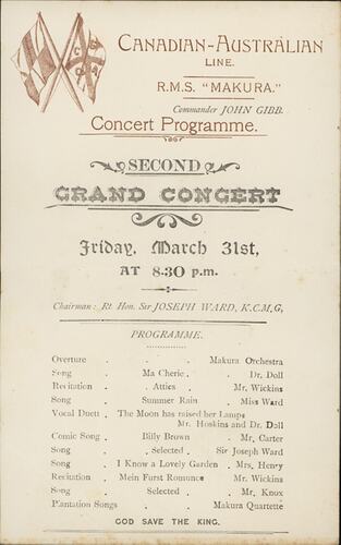 Concert Programme - Canadian-Australian Line, RMS 'Makura"