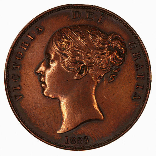 Coin - Penny, Queen Victoria, Great Britain, 1858 (Obverse)