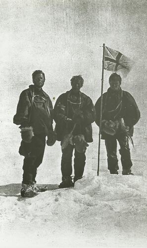 Lantern Slide - British Antarctic Expedition, Three Men and Flag, Southern Magnetic Pole, Antarctica, 17 Jan 1909