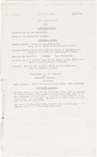 Leaflet - Christmas Carols & Christmas Songs, Orient Line, 1948