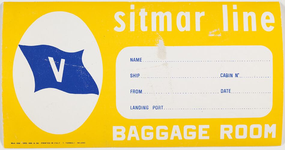 Baggage Label - Sitmar Line, Baggage Room, circa 1950s
