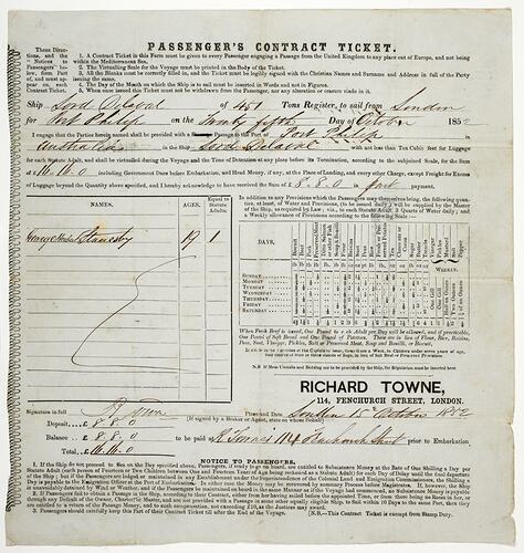 Passenger Contract Ticket - Lord Delaval, Issued to George Herbert Stanesby, 15 Oct 1852