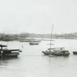 Boats in harbor, buildings and land in the background.