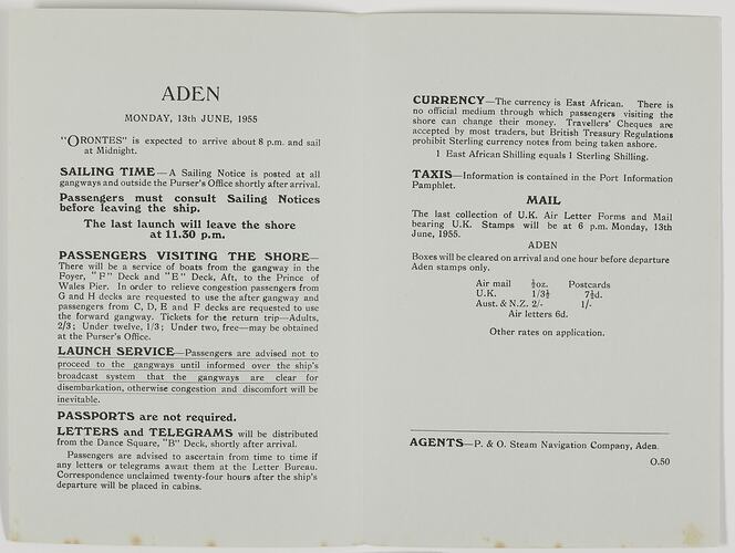 Printed leaflet about a ship called Aden.