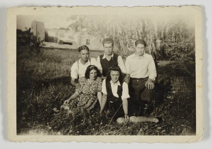 Dimka & Vojislav Stojkovic with Others in Front of Olive Tree, Kassel, Germany, circa 1947