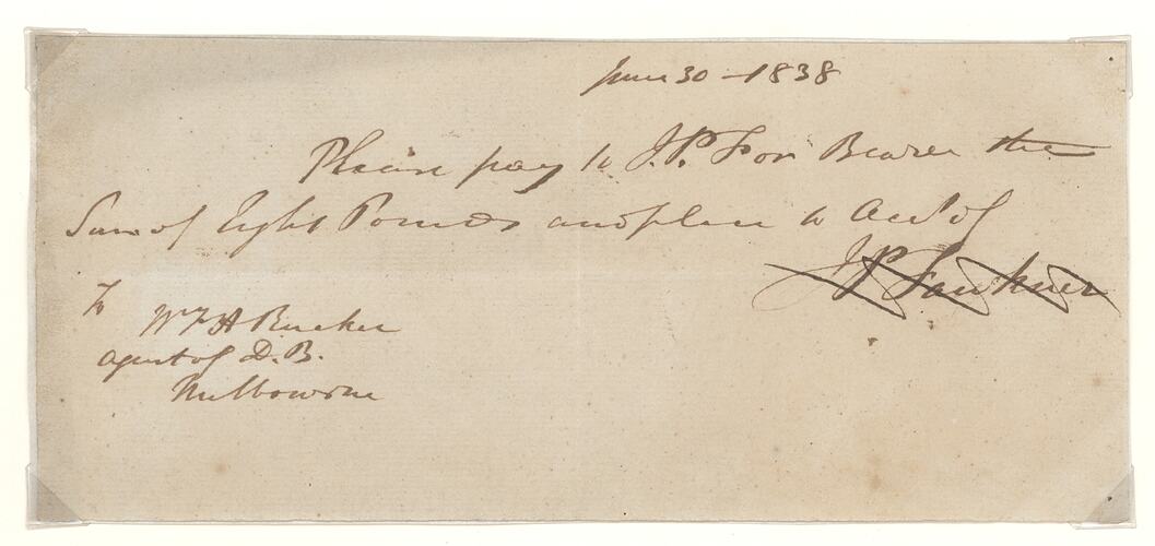 Cheque - 8 Pounds, John Pascoe Fawkner, Derwent Bank, Melbourne, Victoria, Australia, 1838