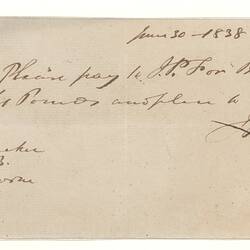 Cheque - 8 Pounds, John Pascoe Fawkner, Derwent Bank, Melbourne, Victoria, Australia, 30 Jun 1838