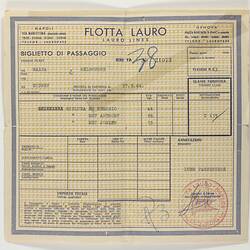 Passage Ticket - Flotta Lauro Lines, SS Sydney, Issued to Remigio, Anthony & Joseph Scicluna