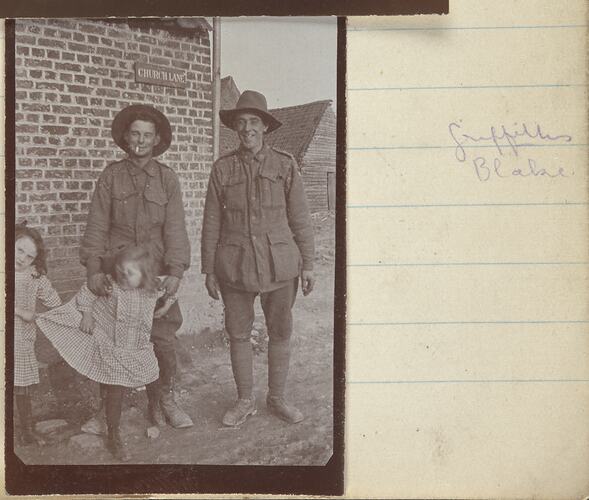 Soldiers Griffiths & Blake With Children, Somme, France, Sergeant John Lord Album, World War I, 1917