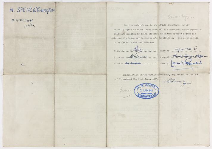 Certificate - Apprentice's Indenture, Issued to Martin Spencer-Hogbin, Alfred Holt and Co.