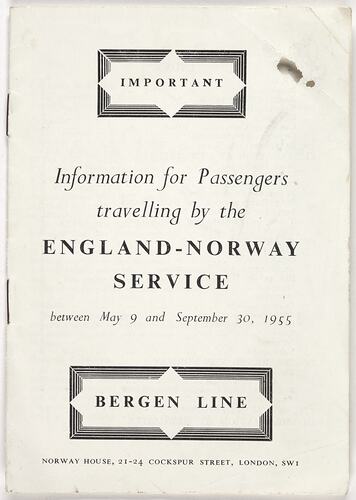 Booklet - Information for Passengers England to Norway Service, Bergen Line, 1955