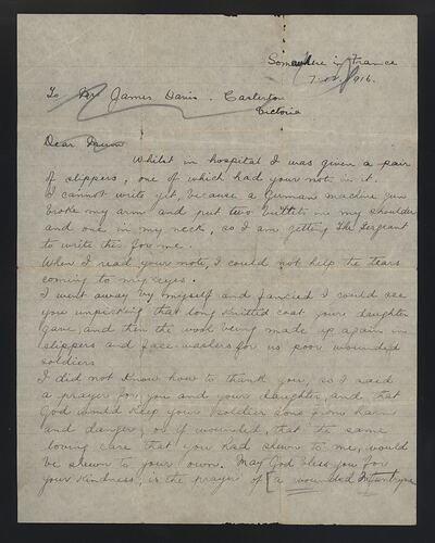 Letter - Thanks From 'A Wounded Infantryman' to Mrs James Davis, 7 Dec 1916