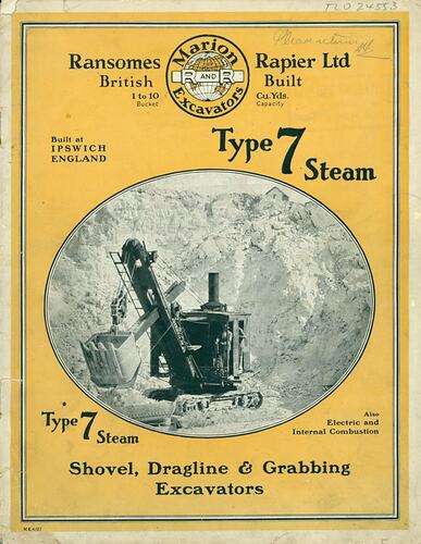 Yellow leaflet with photo of steam shovel.