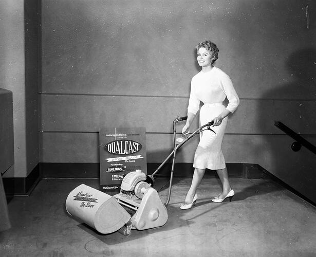 Qualcast Pty Ltd, Woman with Lawn Mower, Melbourne, Victoria, 1957
