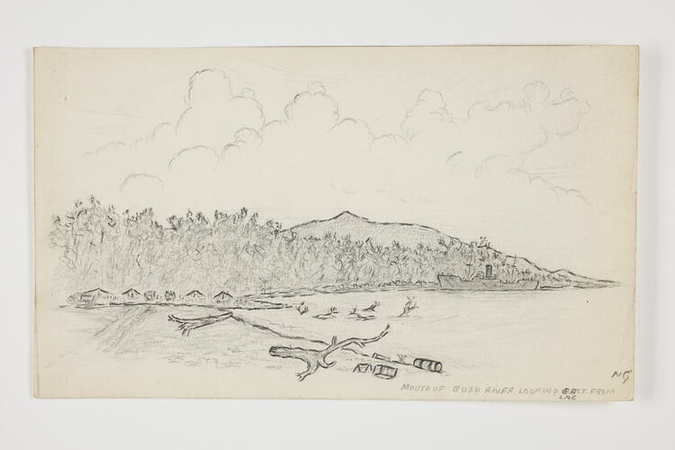 Drawing of a coastal view on off-white paper.