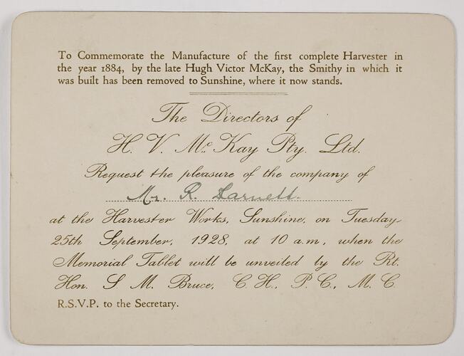 Invitation - Unveiling of Memorial Tablet for Farm Smithy, Sep 1928