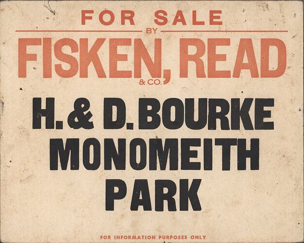 Stock Card - 'Fisken, Read & Co', H. & D. Bourke, 'Monomeith Park', Newmarket Saleyards, Newmarket, before 1987