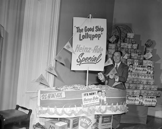 H. J. Heinz Co Pty Ltd, Willie Koeppen with Heinz Products, St Kilda, Victoria, Oct 1958