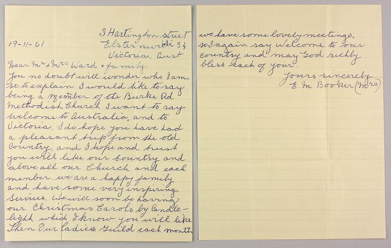 Letter - To Mr & Mrs Ward & Family from Mrs EM Booker, Elsternwick,19 Nov 1961
