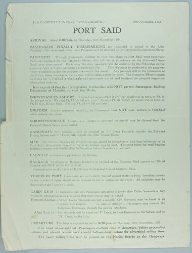 Notice - 'Port Said', SS Stratheden, 15 Nov 1961