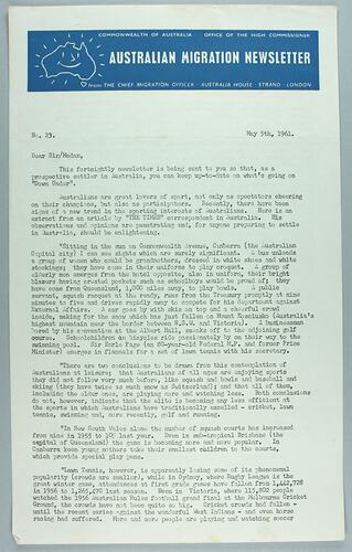 Newsletter - 'Australian Migration Newsletter', 5 May 1961