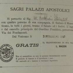 Ticket - Vatican Museums, Vatican City, Rome, Italy, 3 Feb 1887